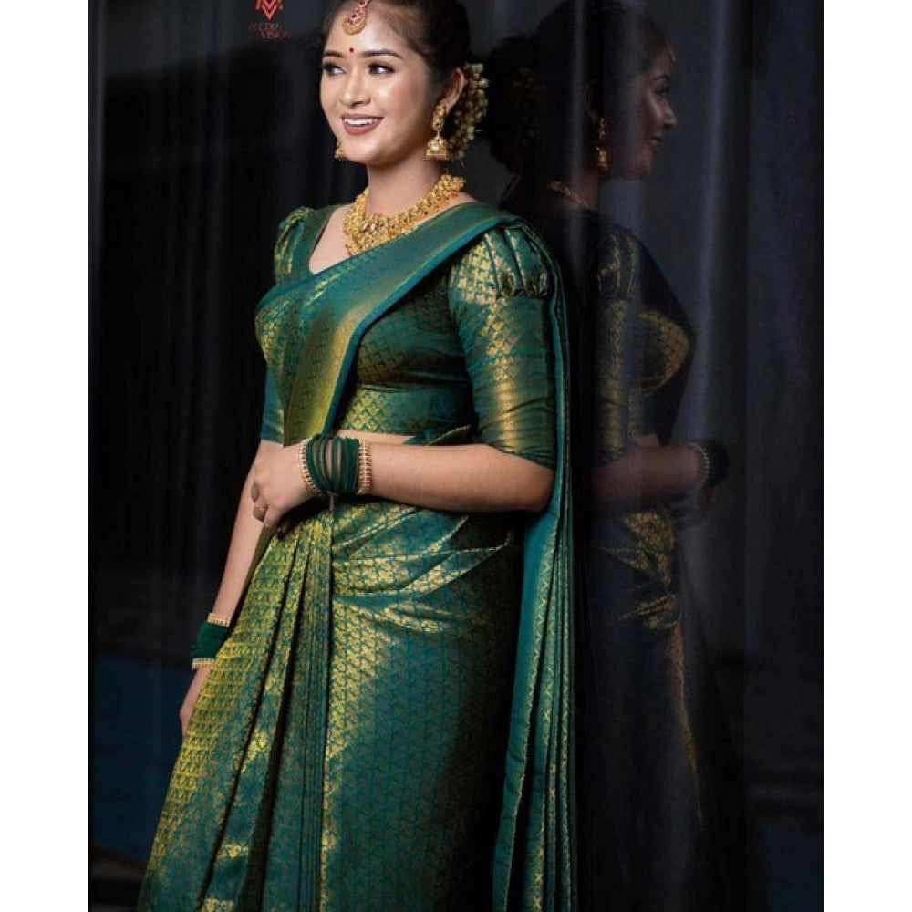 Green soft lichi silk printed saree with unstitched blouse, 5.5mtr length