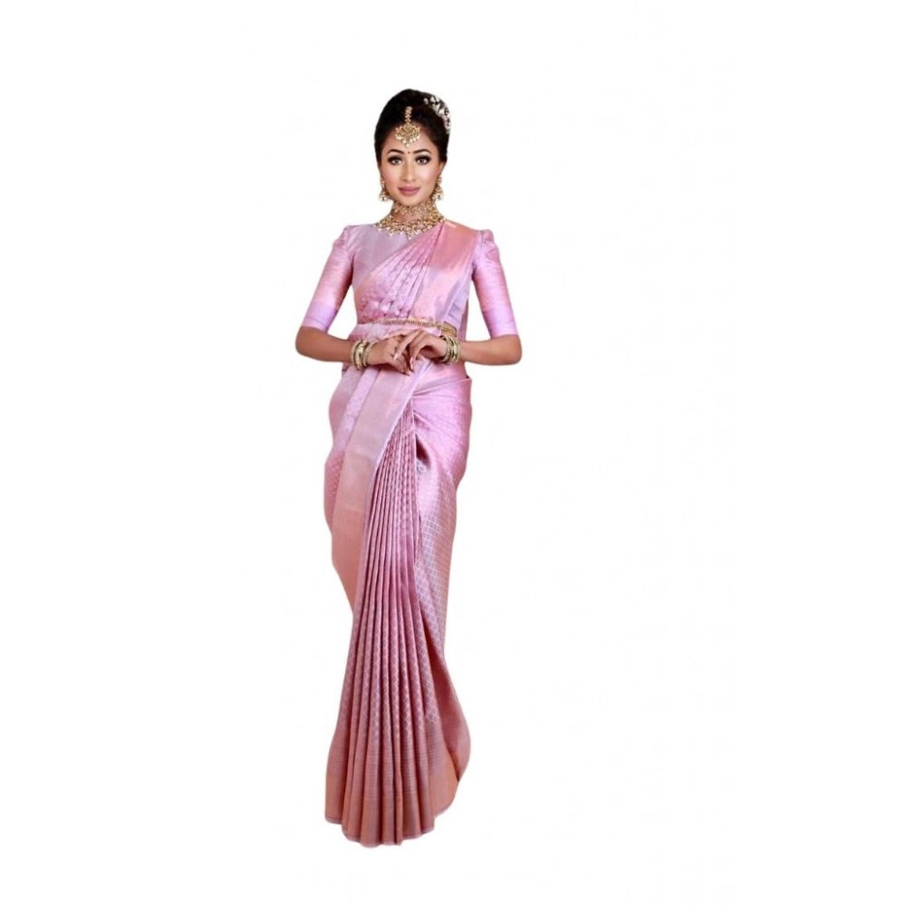 Soft pink lichi silk saree with unstitched blouse, intricate print design on luxurious fabric