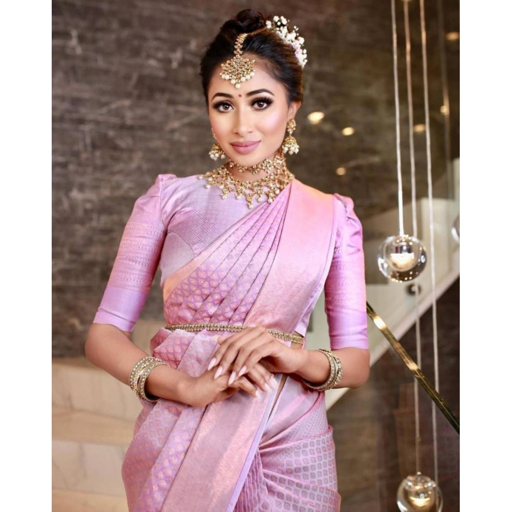 Soft pink lichi silk saree with unstitched blouse, 5.5mtr length