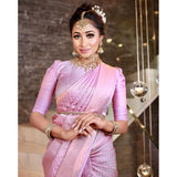 Soft pink lichi silk saree with unstitched blouse, 5.5mtr length