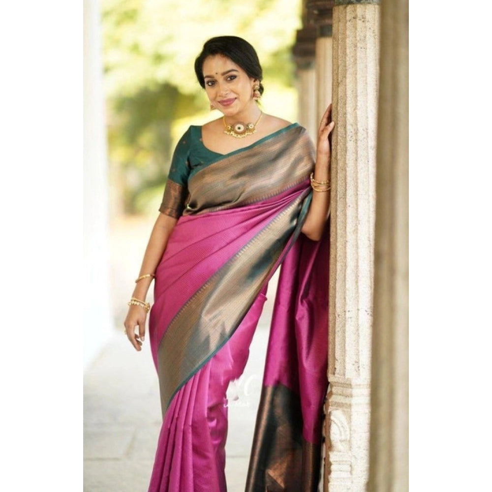 Pink soft lichi silk printed saree with unstitched blouse (5.5mtr)