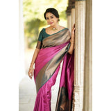 Pink soft lichi silk printed saree with unstitched blouse (5.5mtr)
