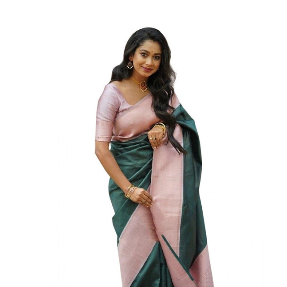Green soft lichi silk printed saree with unstitched blouse, vibrant floral pattern on display