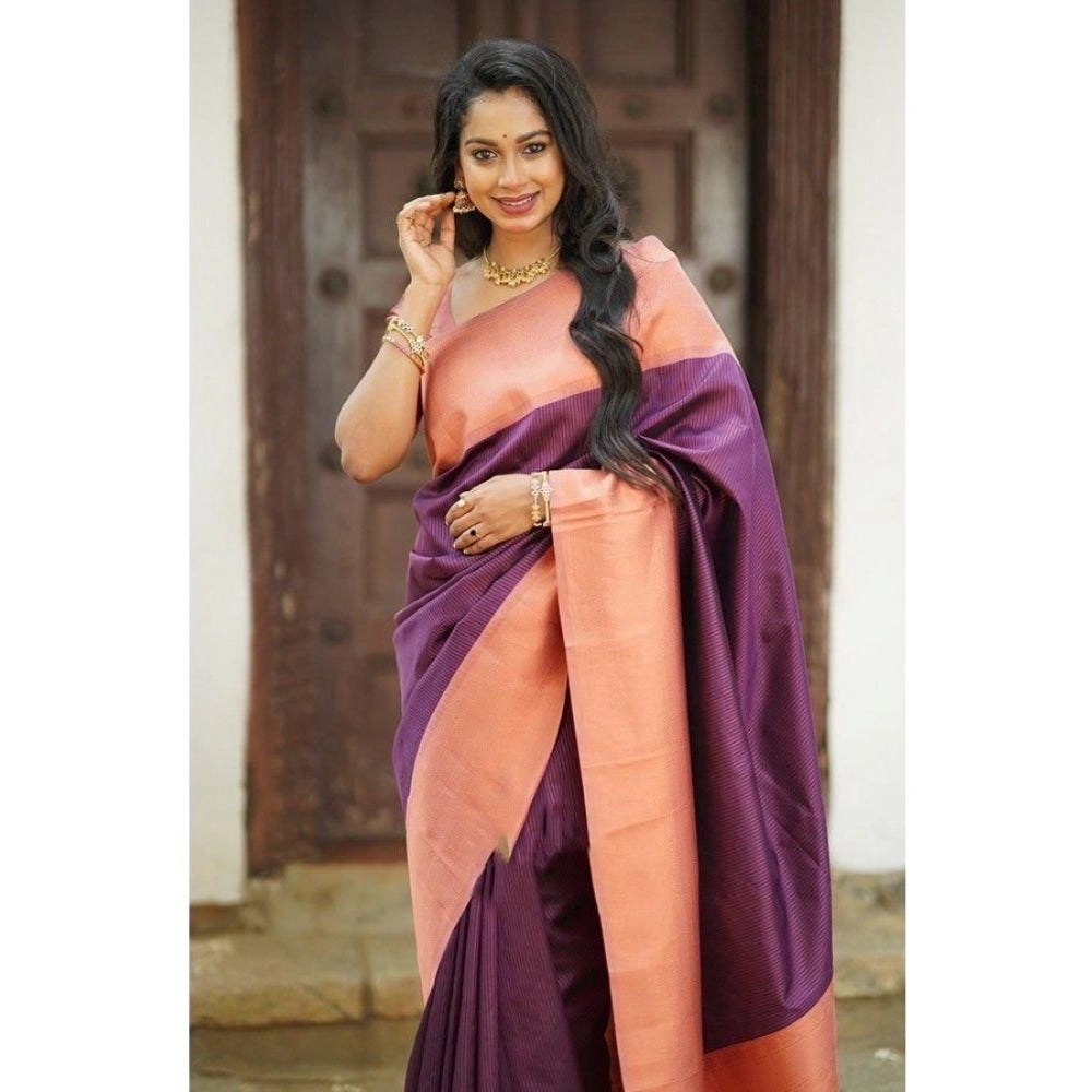 Purple soft lichi silk printed saree with unstitched blouse, 5.5mtr length on model