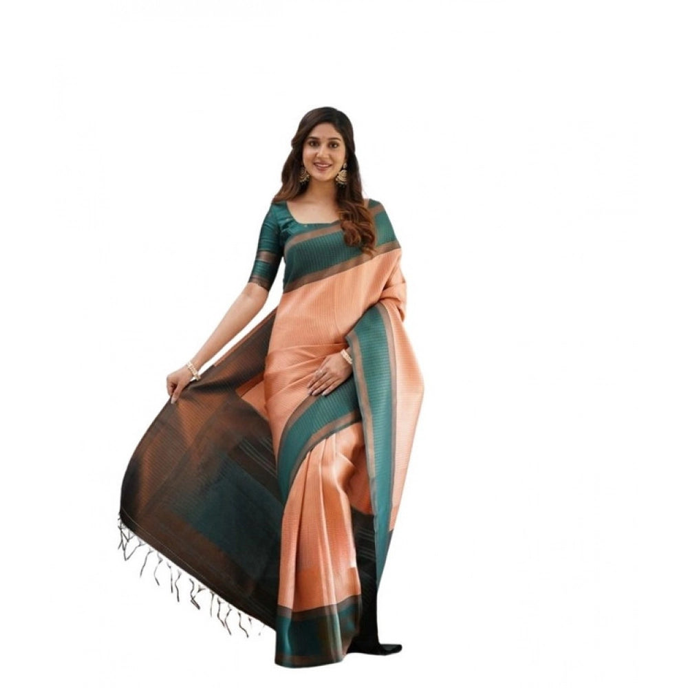 Orange soft lichi silk printed saree with unstitched blouse, 5.5mtr length