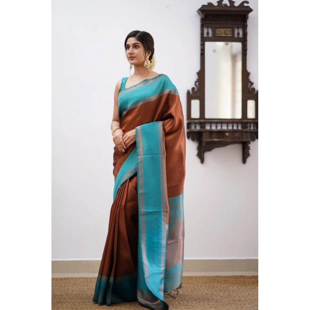 Brown soft lichi silk printed saree with unstitched blouse (5.5mtr)