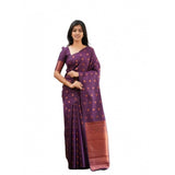 Purple soft lichi silk printed saree with unstitched blouse, luxurious Indian wear
