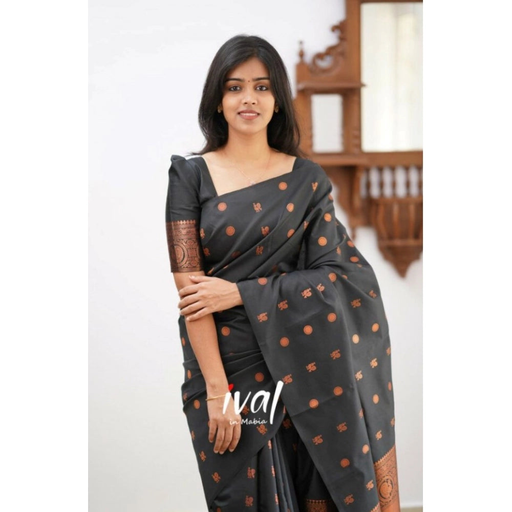 Black soft lichi silk printed saree with unstitched blouse, luxurious Indian wear for women