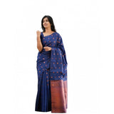 Blue soft lichi silk printed saree with unstitched blouse, 5.5mtr length on model