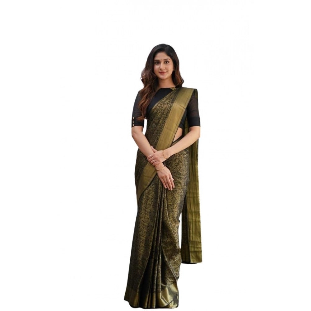 Green soft lichi silk printed saree with unstitched blouse, vibrant floral design on 5.5mtr length