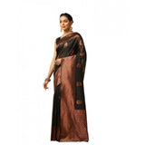 Black soft lichi silk printed saree with unstitched blouse, luxurious Asian women's fashion accessory