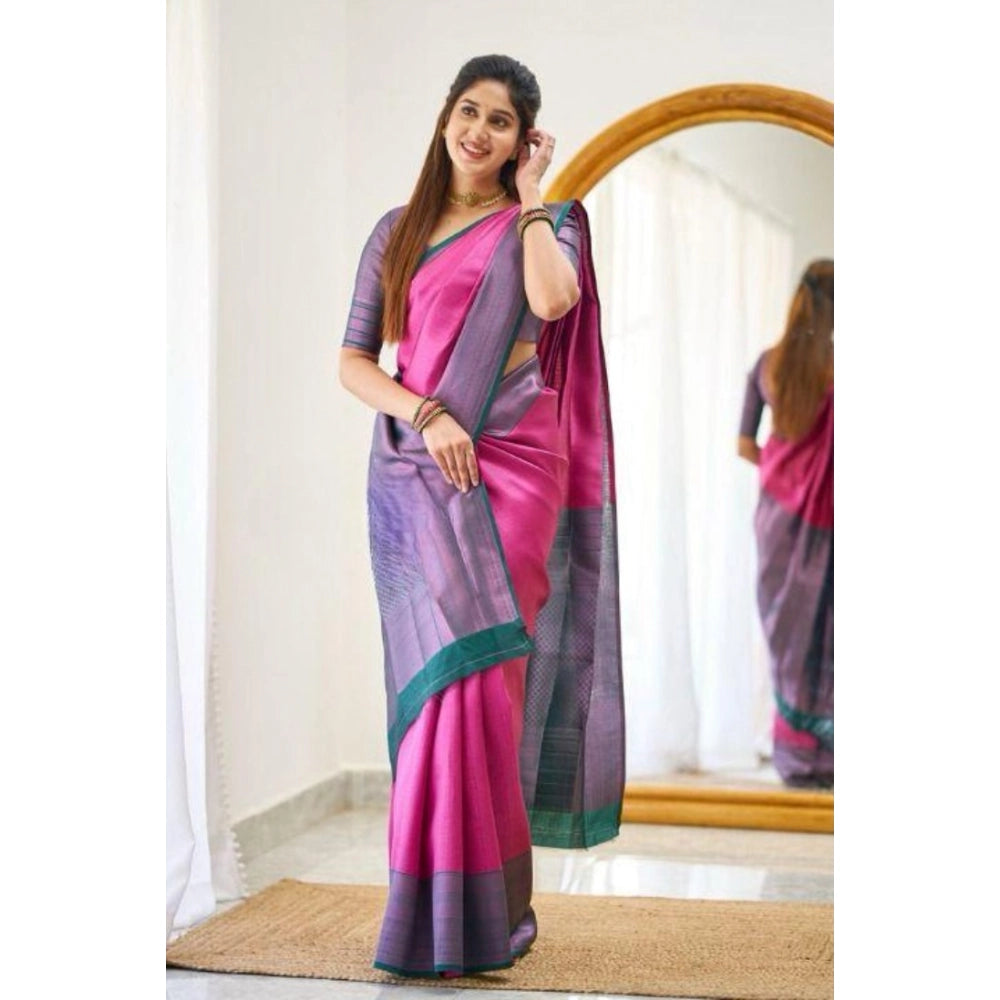 Soft pink lichi silk saree with unstitched blouse, intricate printed design for traditional Indian wear