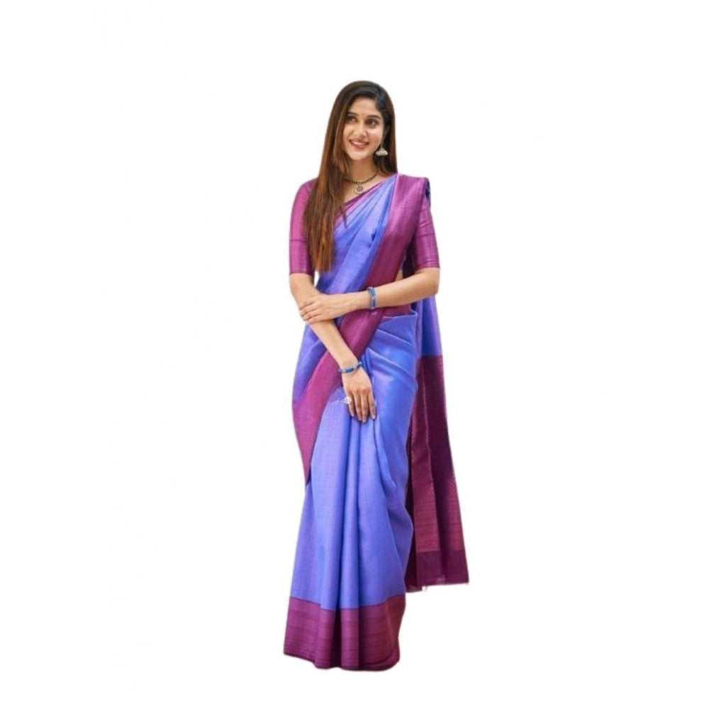 Blue soft lichi silk printed saree with unstitched blouse, 5.5mtr length on model
