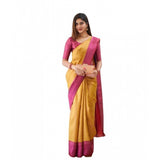 Mustard soft lichi silk printed saree with unstitched blouse, vibrant Indian women's attire on display