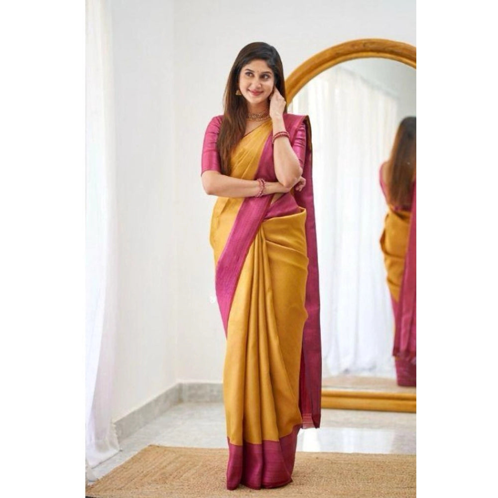Soft mustard lichi silk saree with unstitched blouse, vibrant printed design on a 5.5mtr length