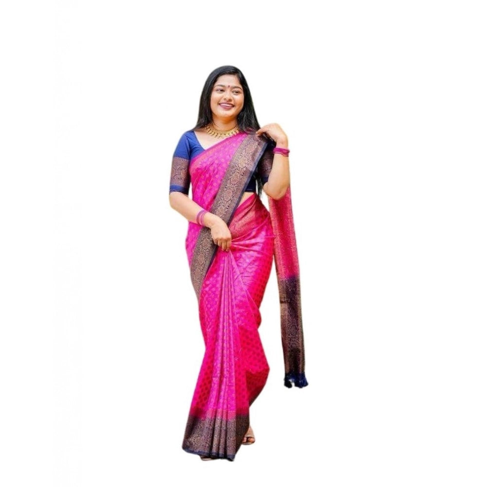 Soft pink lichi silk printed saree with unstitched blouse, vibrant design for traditional Indian wear