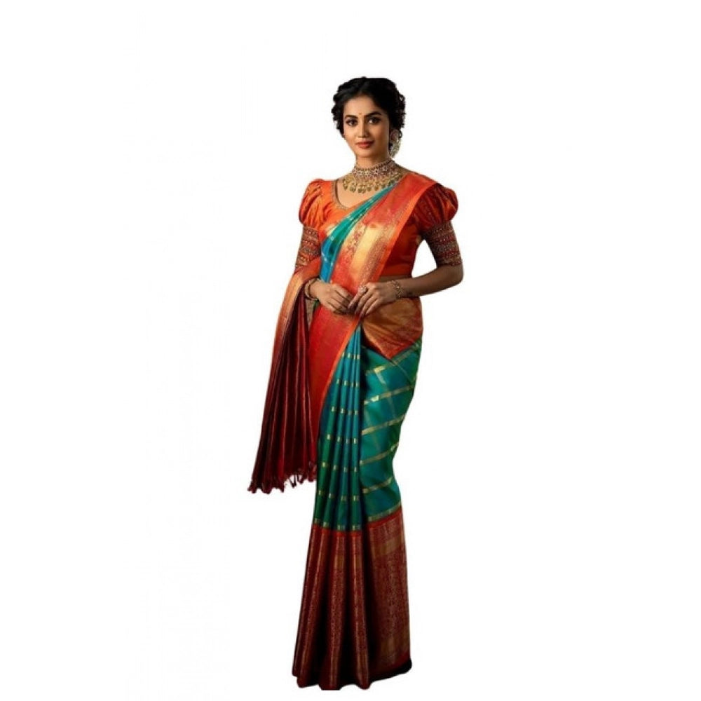 Green soft lichi silk printed saree with unstitched blouse, 5.5Mtr