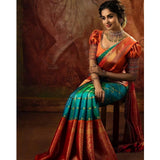 Green soft lichi silk printed saree with unstitched blouse (5.5mtr)