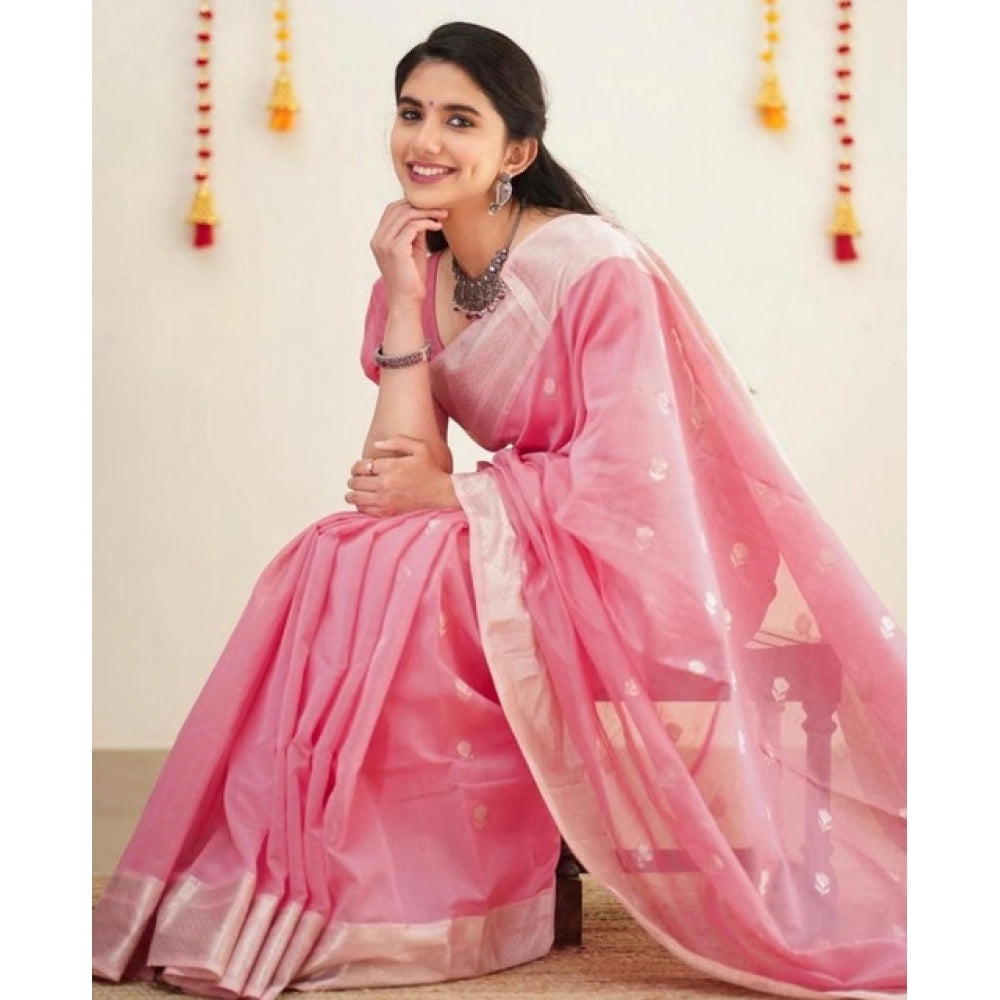 Soft pink lichi silk printed saree with unstitched blouse (5.5mtr)