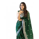 Green soft lichi silk printed saree with unstitched blouse, luxurious Indian wear for women
