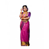Soft pink lichi silk saree with unstitched blouse, vibrant printed design for traditional Indian wear