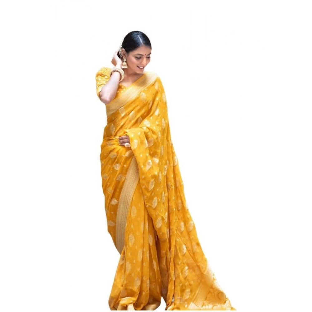 Yellow soft lichi silk printed saree with unstitched blouse, vibrant and luxurious Indian women's wear