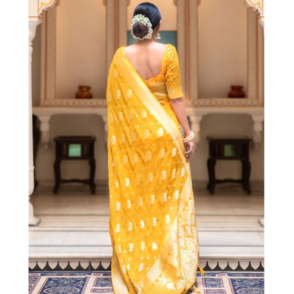 Yellow soft lichi silk printed saree with unstitched blouse, 5.5mtr length