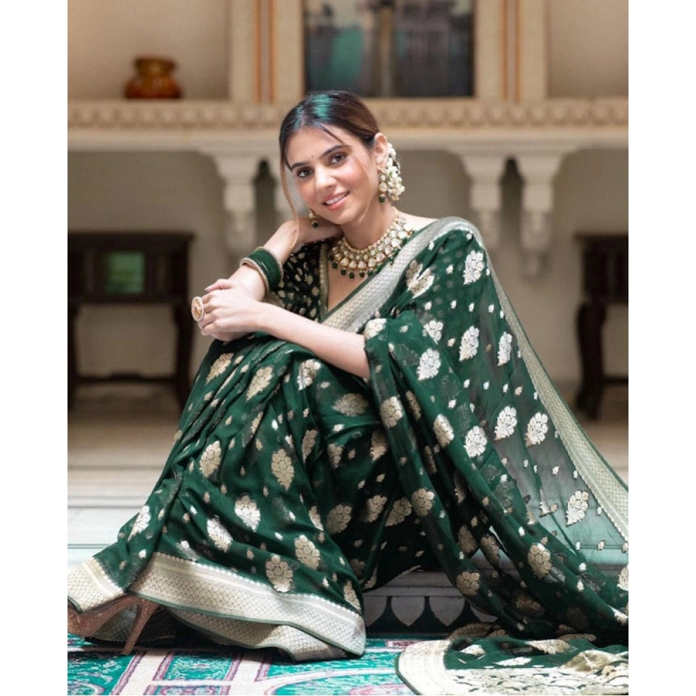 Green soft lichi silk printed saree with unstitched blouse, 5.5mtr length on model
