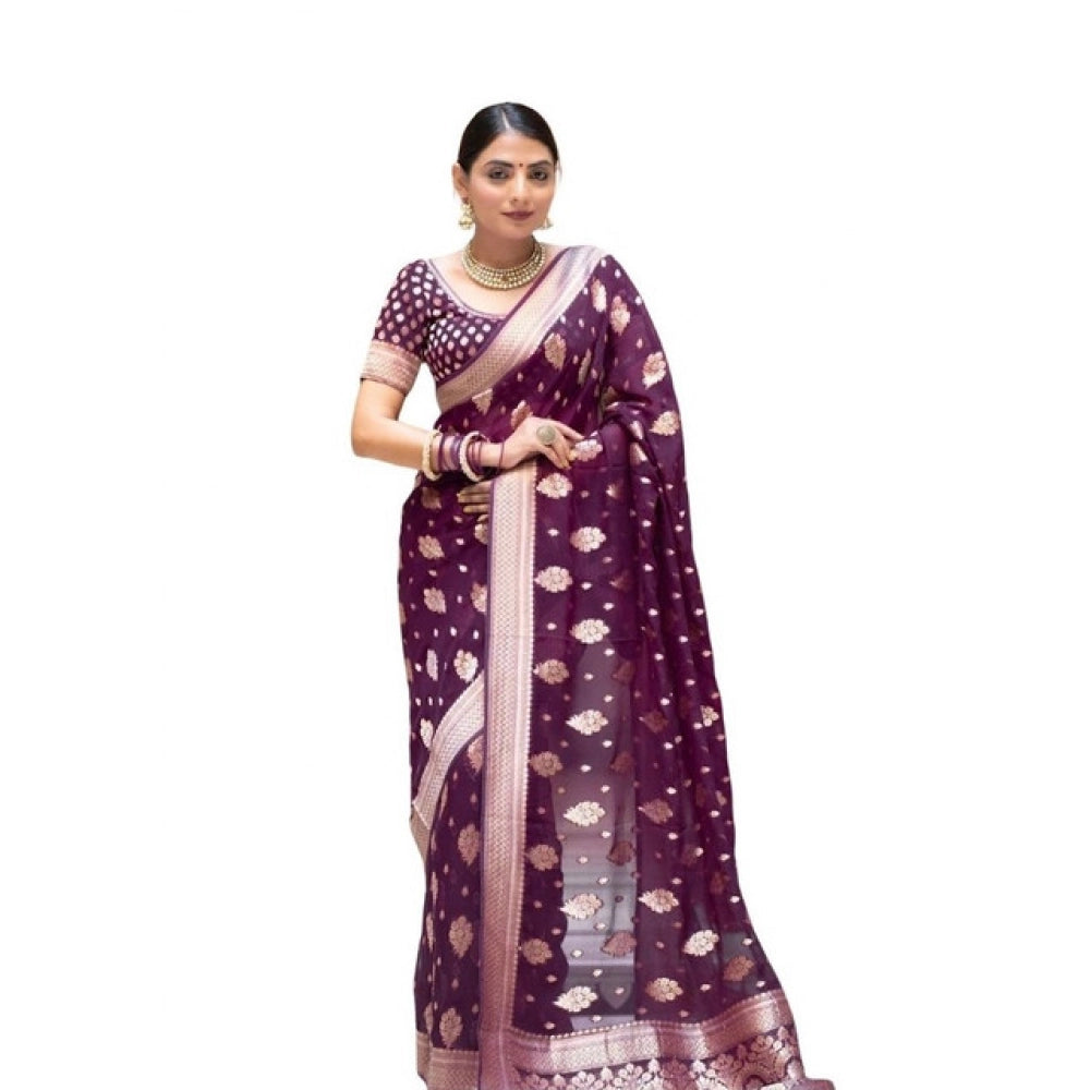 Purple soft lichi silk printed saree with unstitched blouse, luxurious eastern women's wear