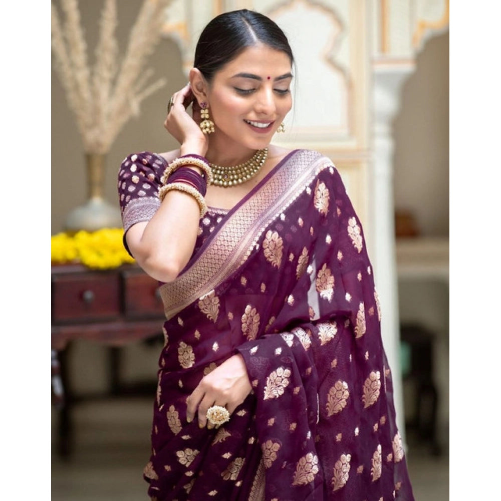 Purple soft lichi silk printed saree with unstitched blouse (5.5mtr)