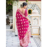 Soft pink lichi silk saree with unstitched blouse, intricate printed design on a 5.5mtr length