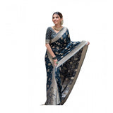 Blue soft lichi silk printed saree with unstitched blouse, luxurious ethnic wear for women