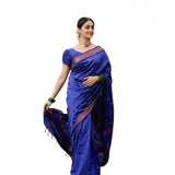 Blue soft lichi silk printed saree with unstitched blouse, 5.5mtr length