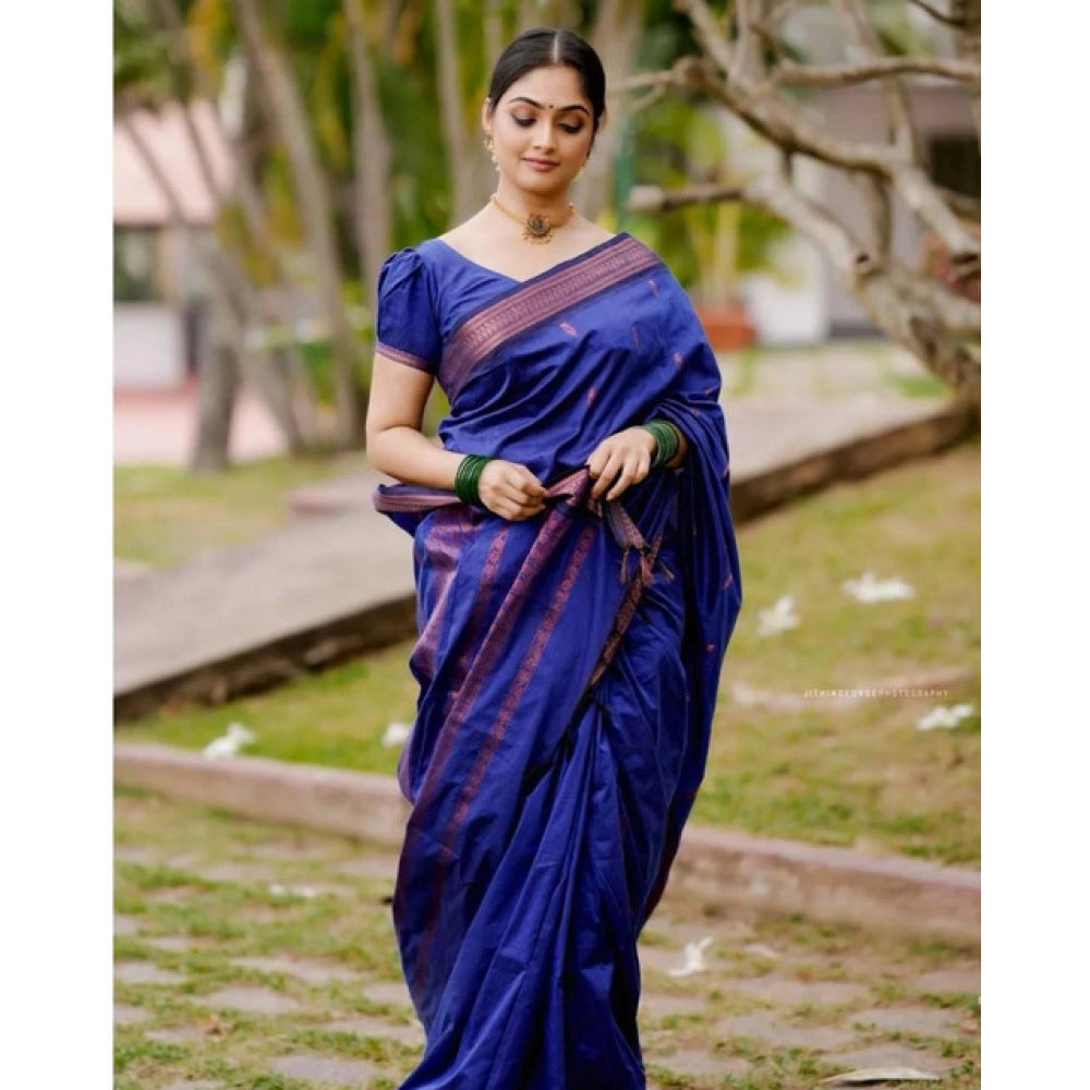 Blue soft lichi silk printed saree with unstitched blouse, 5.5mtr length