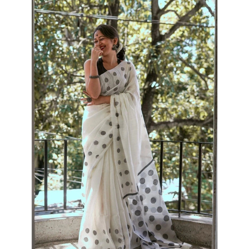 White soft lilan printed saree with unstitched blouse (5.5mtr), ideal for traditional Indian wear