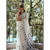White soft lilan printed saree with unstitched blouse (5.5mtr), ideal for traditional Indian wear
