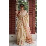 Soft lilan printed saree with unstitched blouse (5.5mtr, cream) - traditional women's attire for special occasions