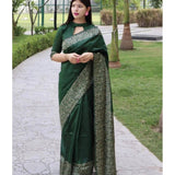 Soft green lichi silk printed saree with unstitched blouse, luxurious silken garment for traditional Indian women's wear