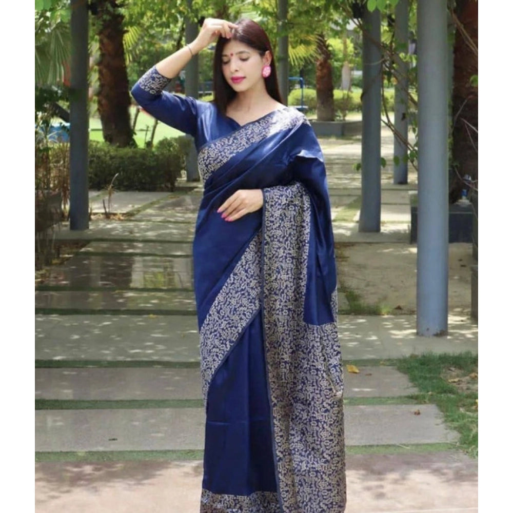 Blue soft lichi silk printed saree with unstitched blouse, 5.5mtr length on model