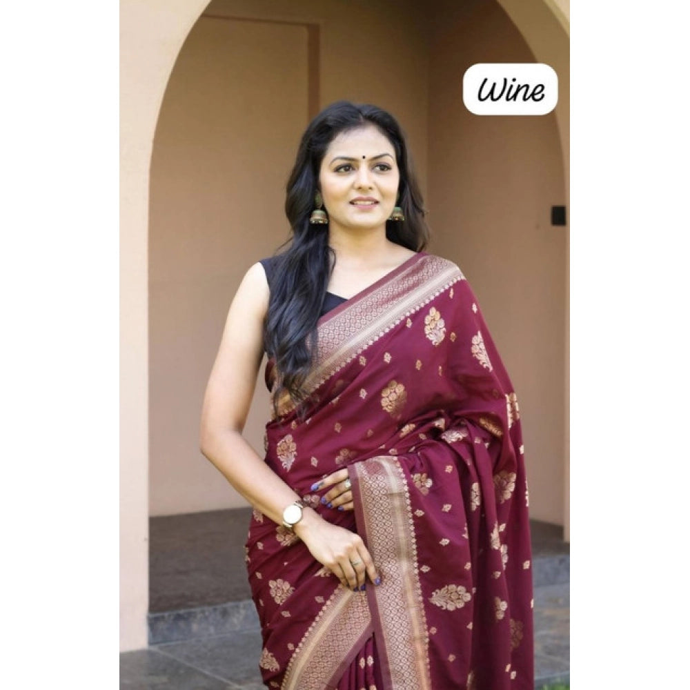 Soft wine lichi silk printed saree with unstitched blouse, vibrant color on model