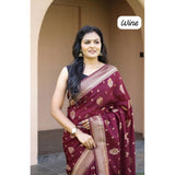 Soft wine lichi silk printed saree with unstitched blouse, vibrant color on model