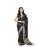 Black soft lichi silk printed saree with unstitched blouse, elegant Indian women's wear accessory