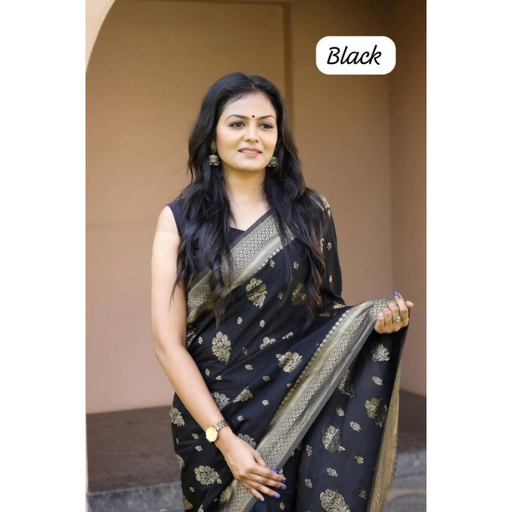 Black soft lichi silk printed saree with unstitched blouse, elegant fashion for Indian women
