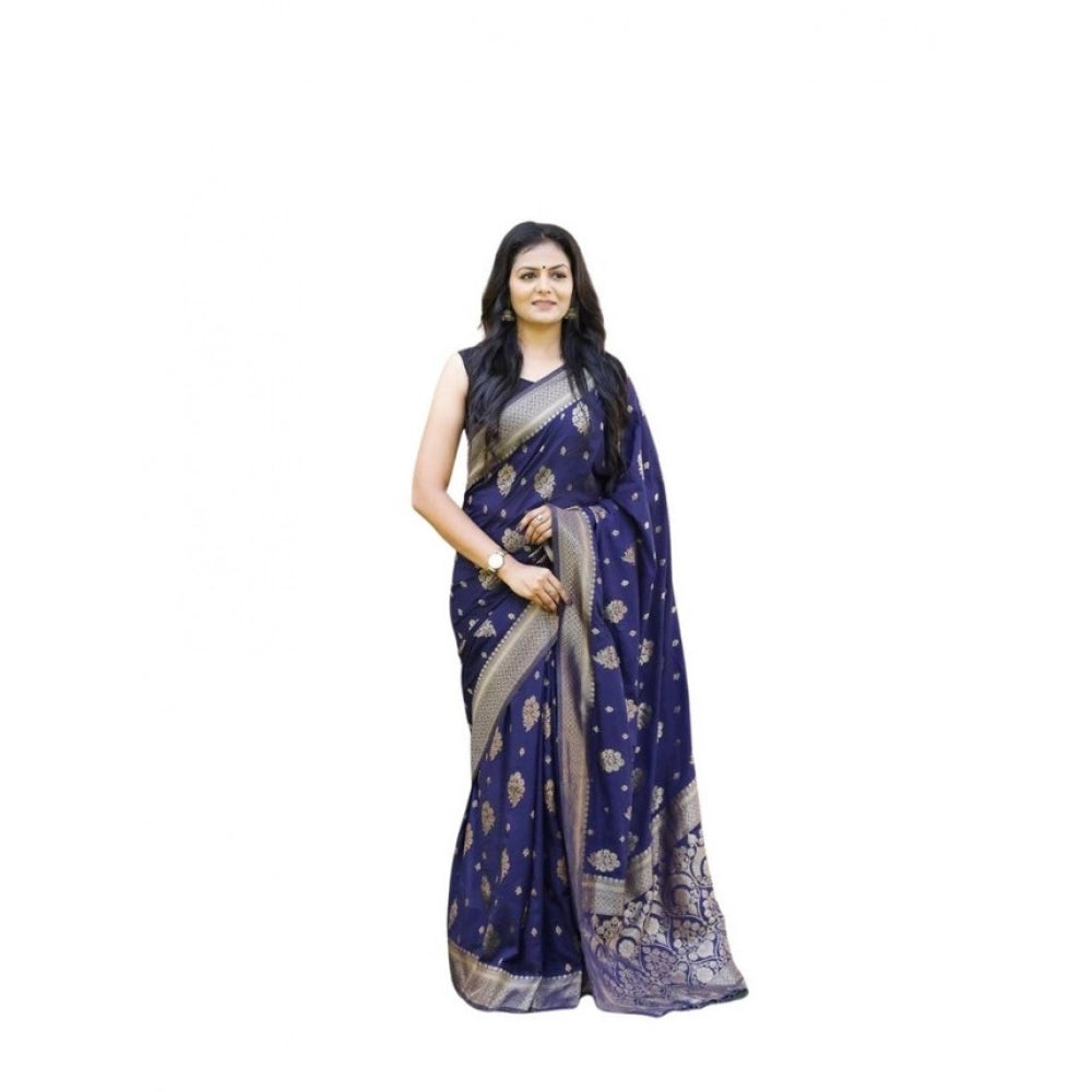 Navy blue soft lichi silk printed saree with unstitched blouse, elegant women's fashion accessory