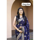Navy blue soft lichi silk printed saree with unstitched blouse, vibrant floral design on display