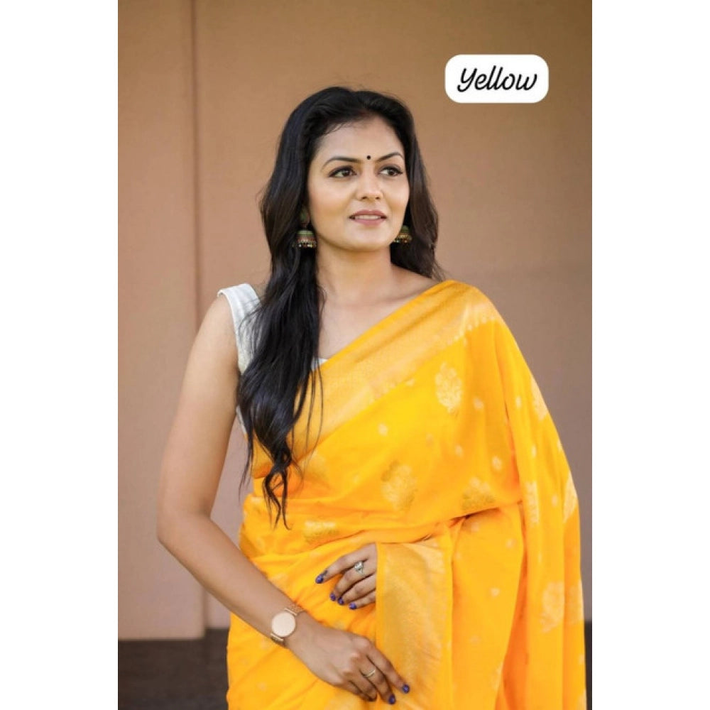 Yellow soft lichi silk printed saree with unstitched blouse, vibrant Indian fashion accessory