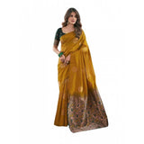 Soft mustard lichi silk saree with unstitched blouse, vibrant printed design for women's fashion