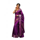 Purple printed soft lichi silk saree with unstitched blouse, vibrant traditional Indian attire
