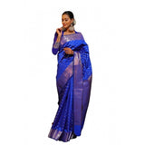 Blue soft lichi silk printed saree with unstitched blouse, 5.5mtr