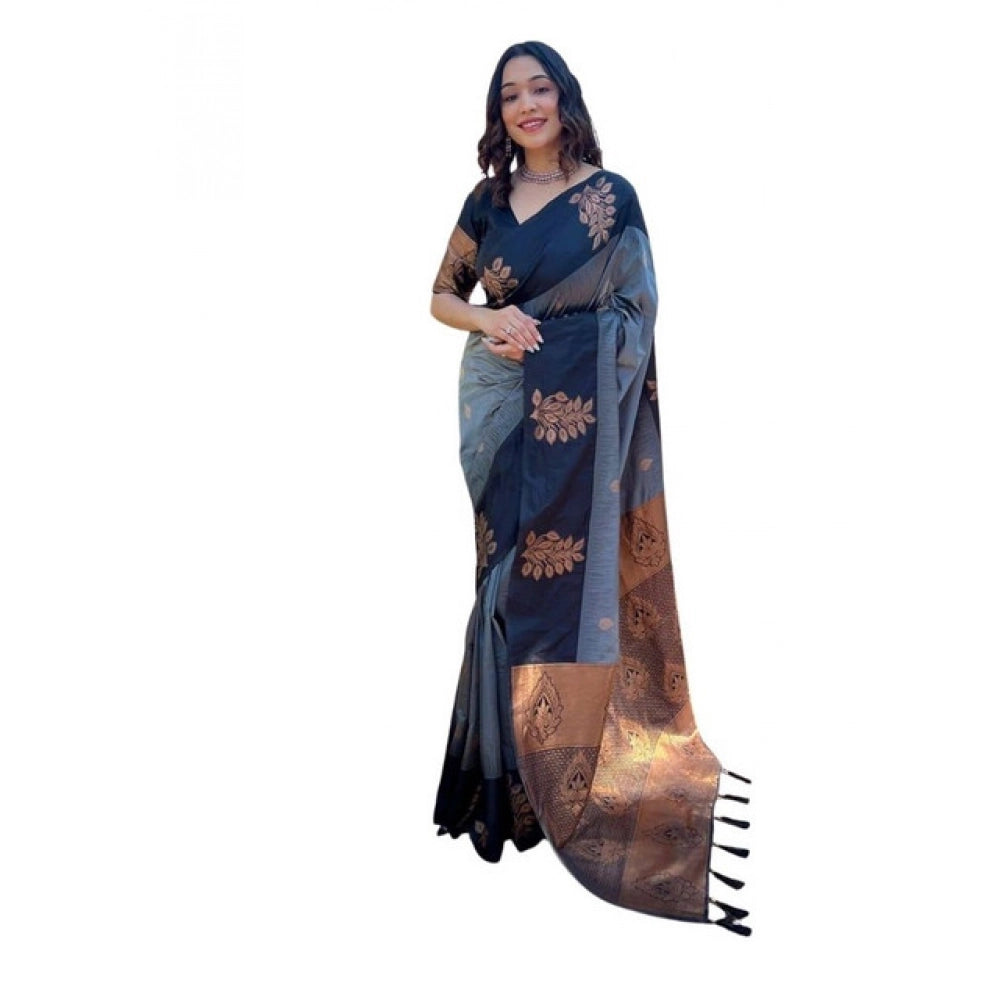 Grey printed soft lichi silk saree with unstitched blouse, luxurious Indian women's fashion accessory